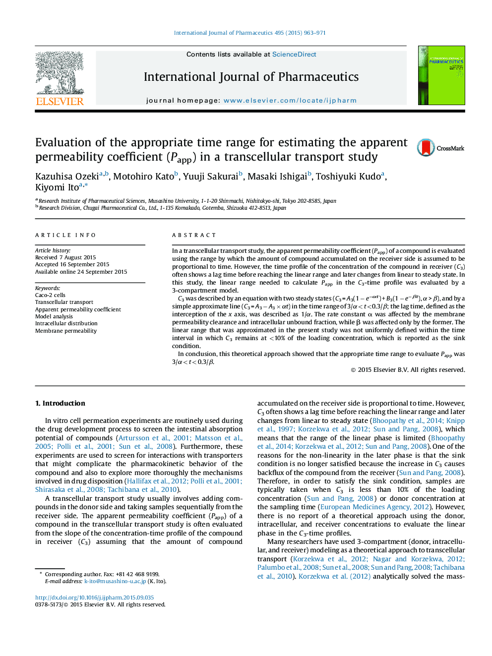 Evaluation of the appropriate time range for estimating the apparent permeability coefficient (Papp) in a transcellular transport study