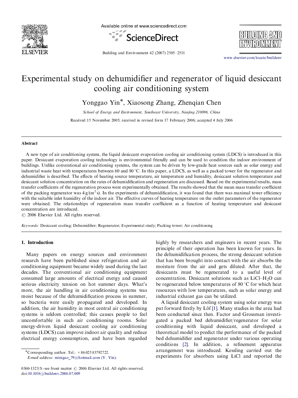 Experimental study on dehumidifier and regenerator of liquid desiccant cooling air conditioning system