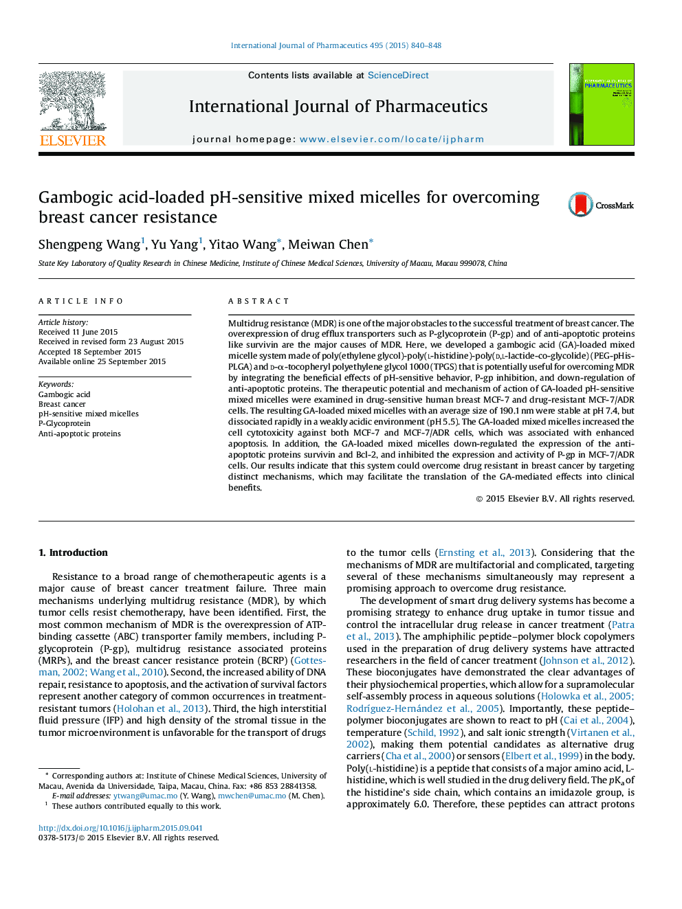 Gambogic acid-loaded pH-sensitive mixed micelles for overcoming breast cancer resistance