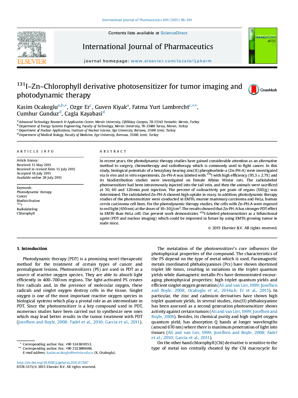 131I-Zn-Chlorophyll derivative photosensitizer for tumor imaging and photodynamic therapy