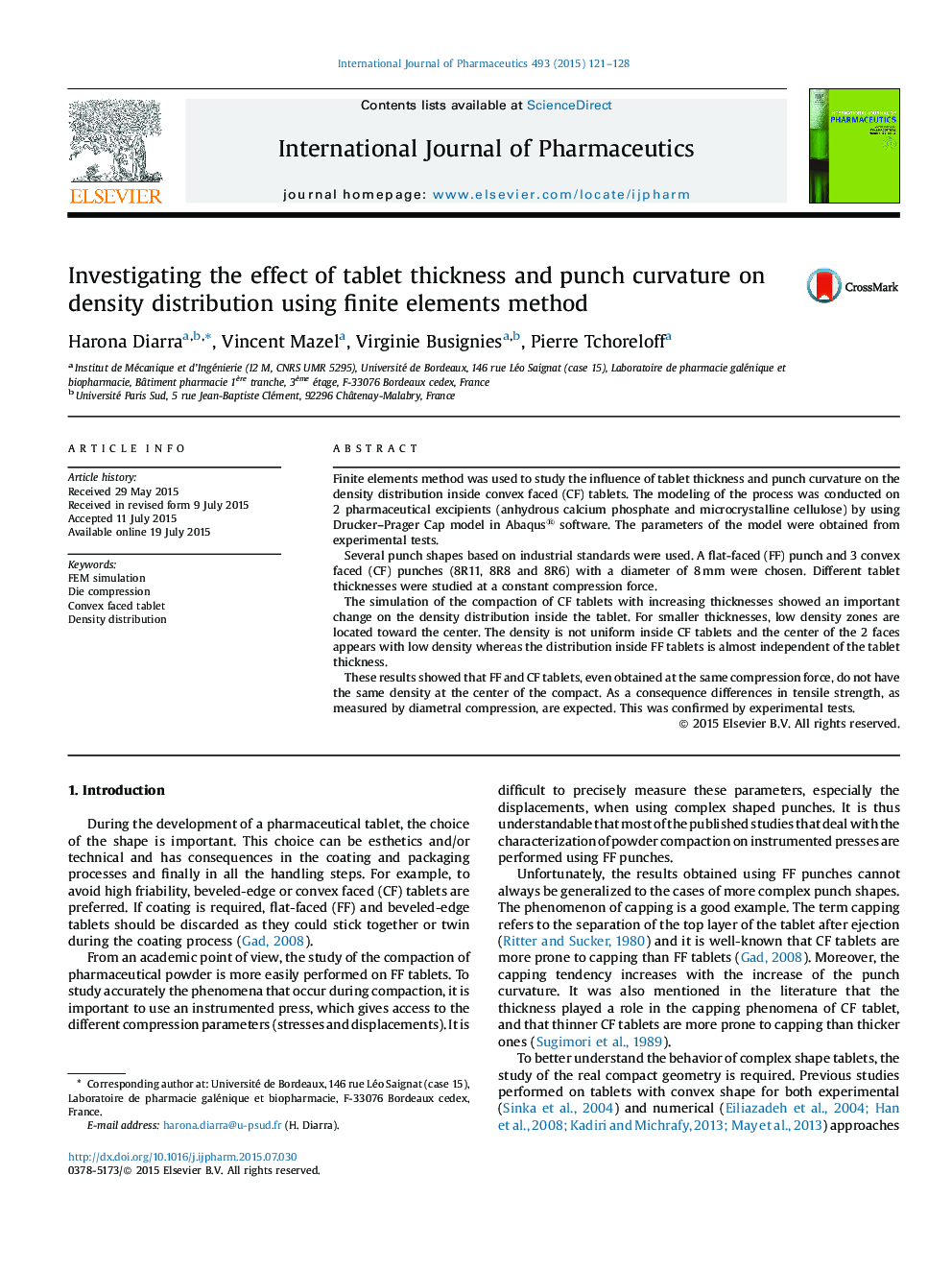 Investigating the effect of tablet thickness and punch curvature on density distribution using finite elements method