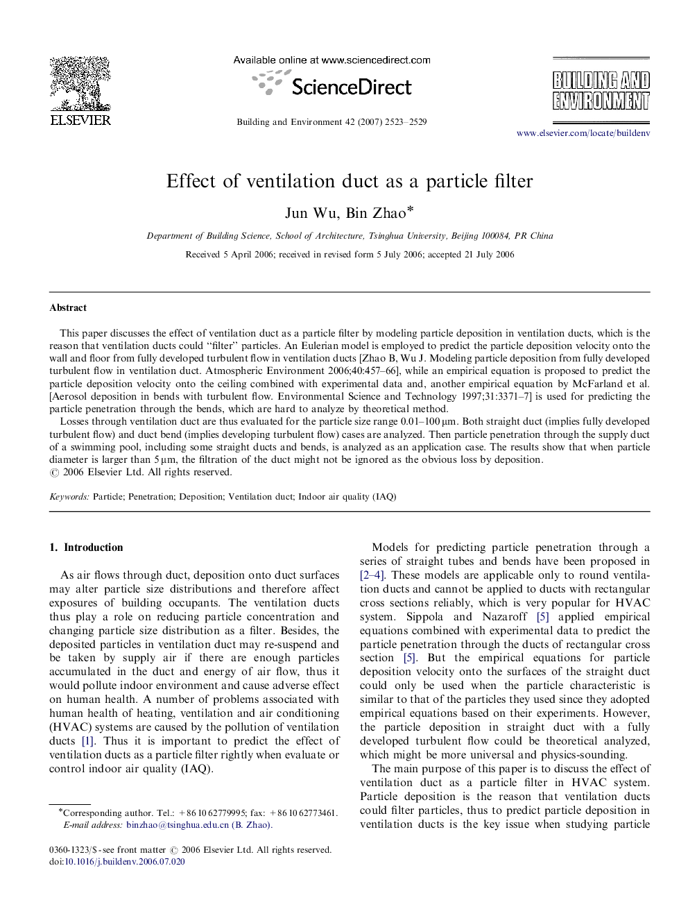 Effect of ventilation duct as a particle filter