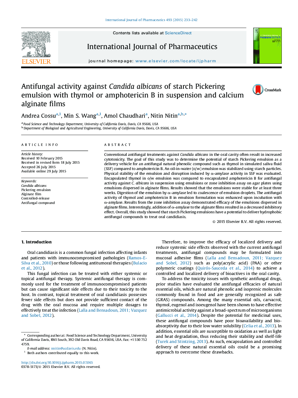 Antifungal activity against Candida albicans of starch Pickering emulsion with thymol or amphotericin B in suspension and calcium alginate films