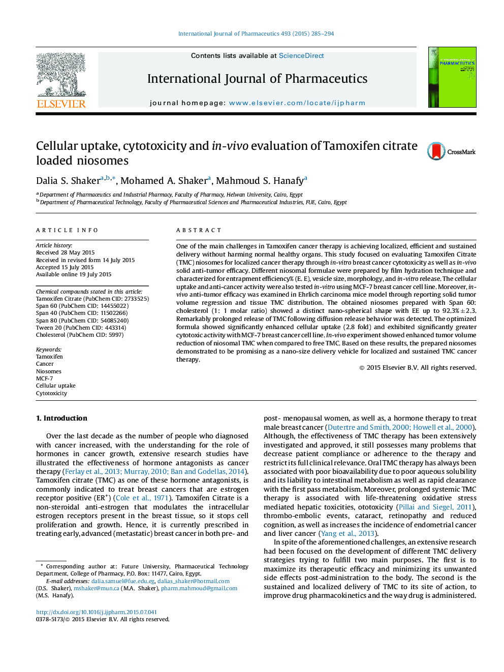 Cellular uptake, cytotoxicity and in-vivo evaluation of Tamoxifen citrate loaded niosomes