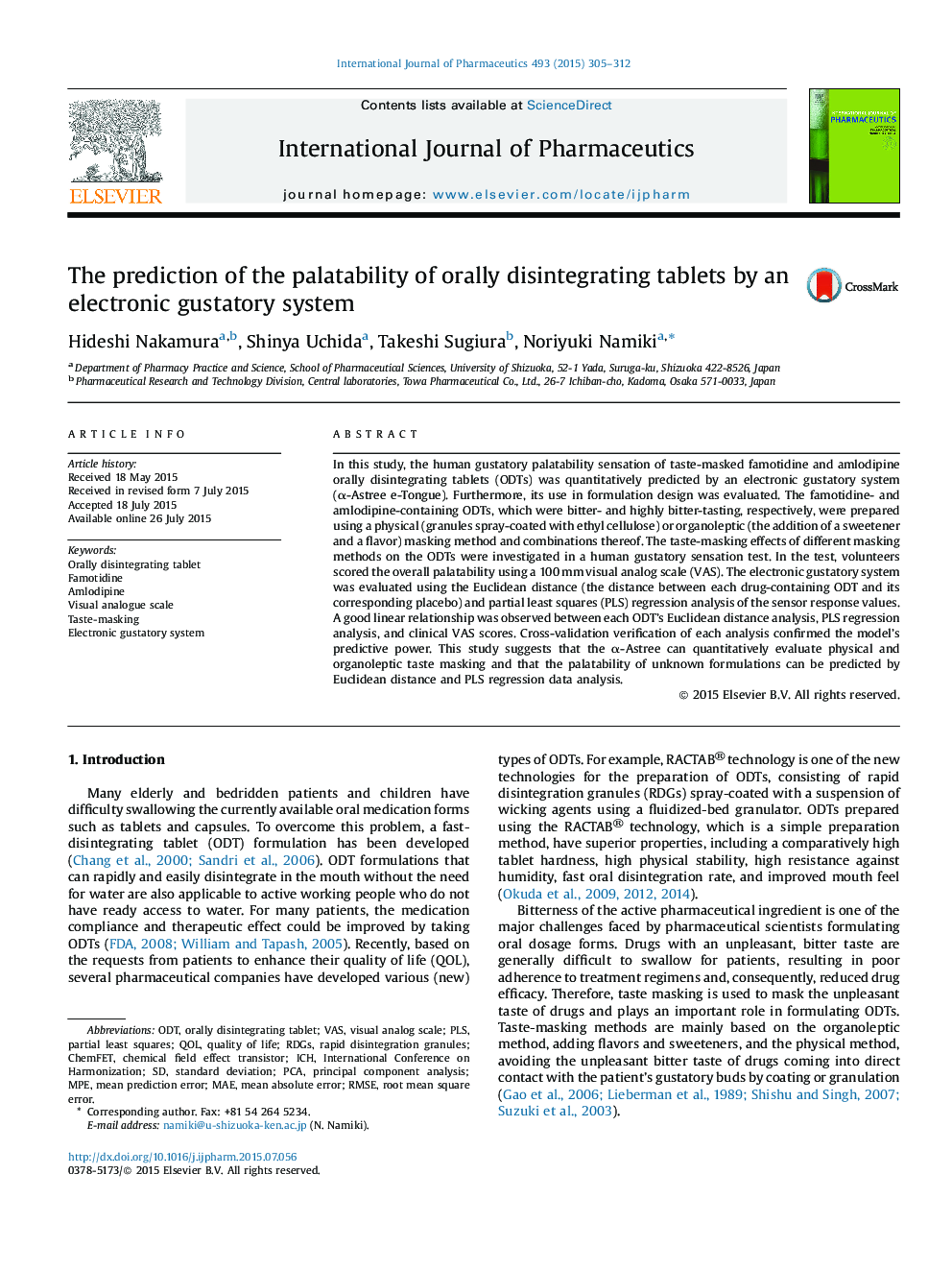 The prediction of the palatability of orally disintegrating tablets by an electronic gustatory system