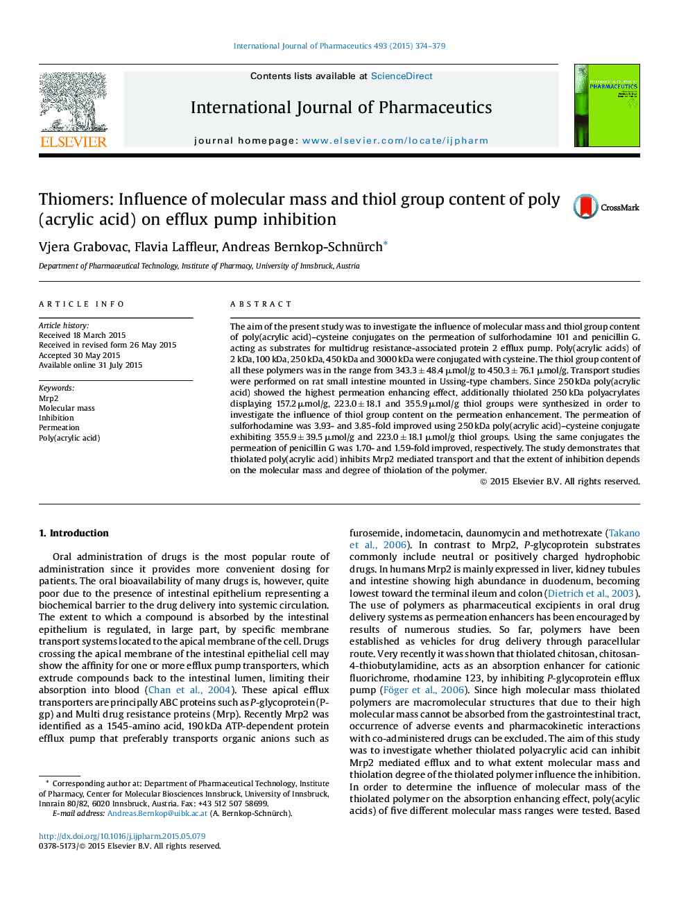 Thiomers: Influence of molecular mass and thiol group content of poly(acrylic acid) on efflux pump inhibition