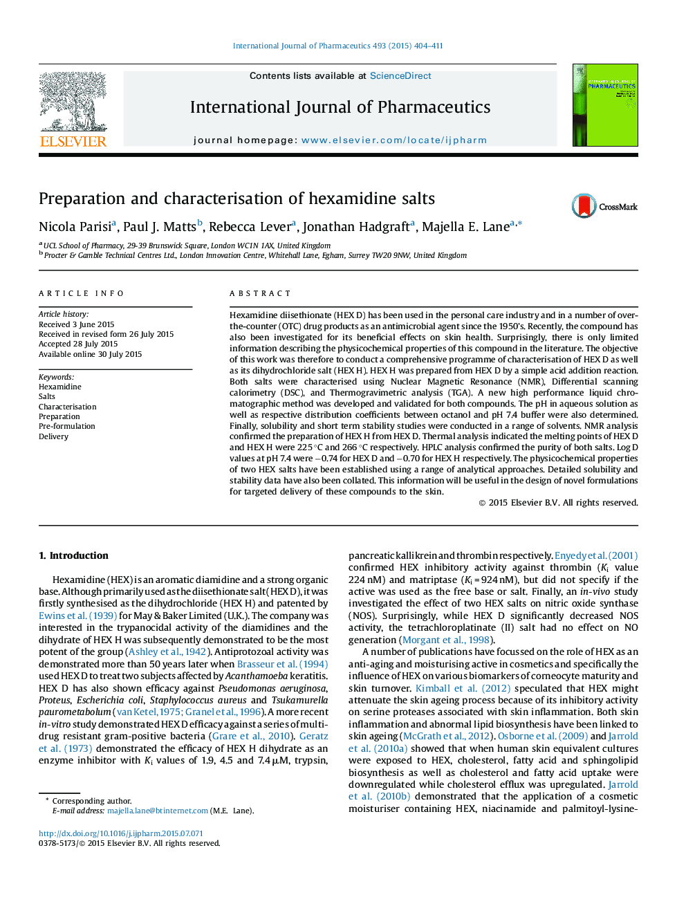 Preparation and characterisation of hexamidine salts