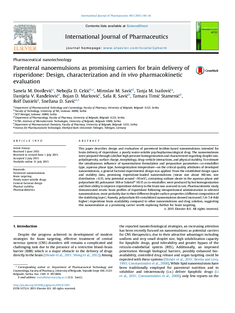 Parenteral nanoemulsions as promising carriers for brain delivery of risperidone: Design, characterization and in vivo pharmacokinetic evaluation