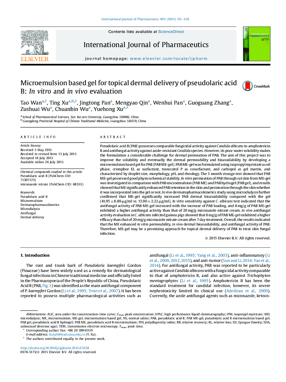 Microemulsion based gel for topical dermal delivery of pseudolaric acid B: In vitro and in vivo evaluation