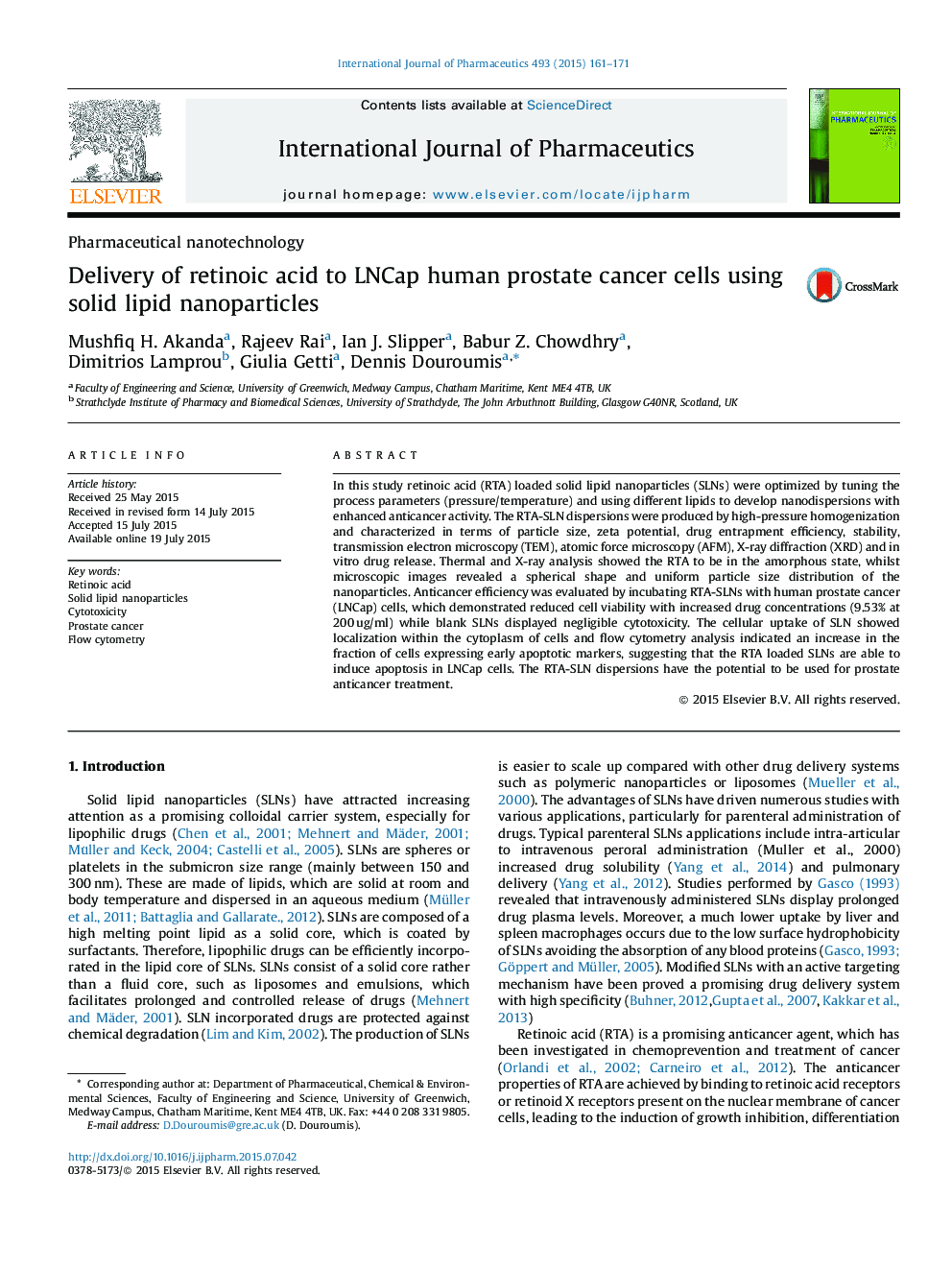 Delivery of retinoic acid to LNCap human prostate cancer cells using solid lipid nanoparticles