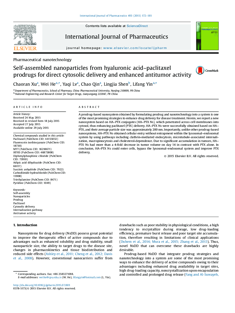 Self-assembled nanoparticles from hyaluronic acid–paclitaxel prodrugs for direct cytosolic delivery and enhanced antitumor activity