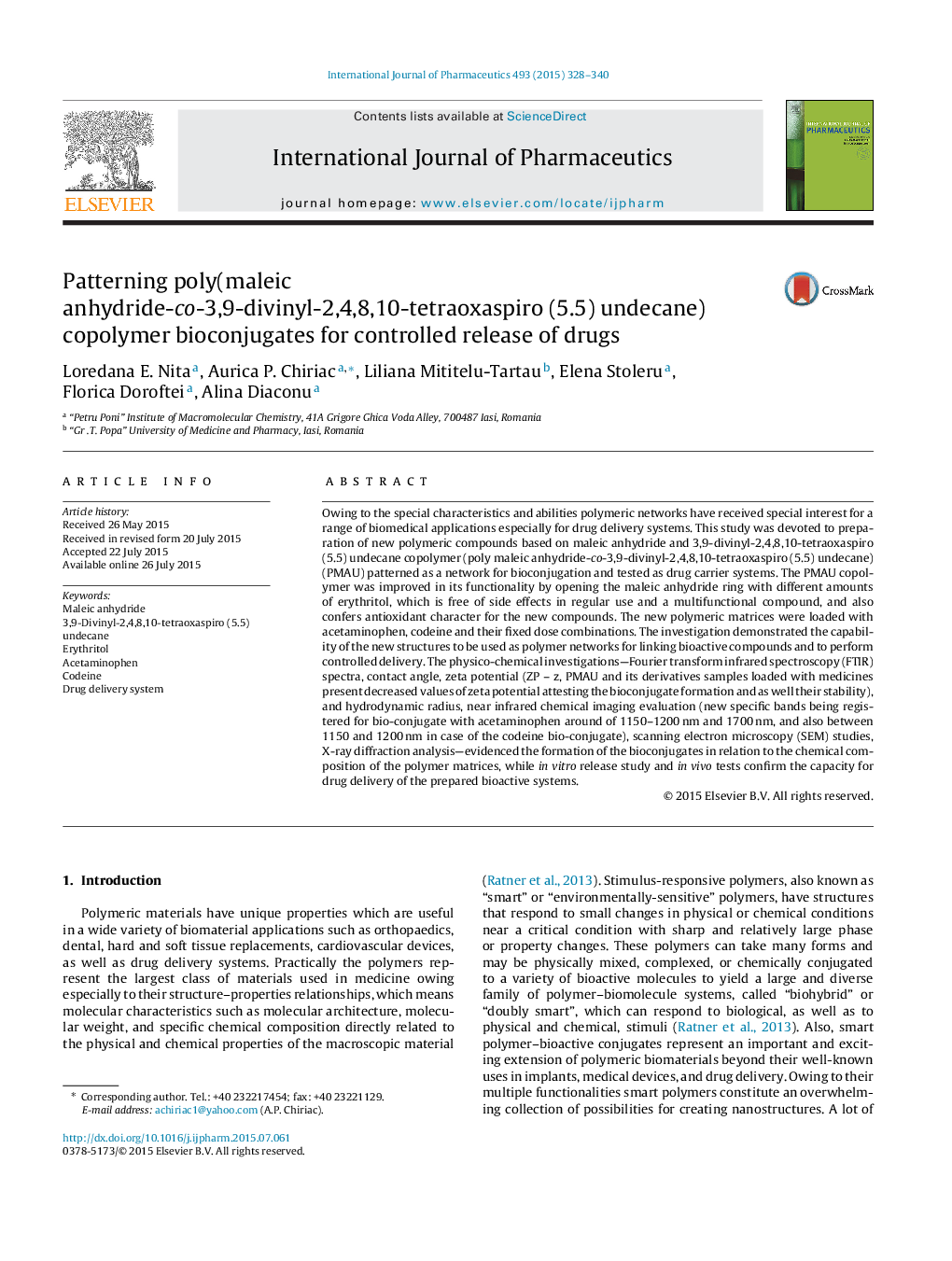 Patterning poly(maleic anhydride-co-3,9-divinyl-2,4,8,10-tetraoxaspiro (5.5) undecane) copolymer bioconjugates for controlled release of drugs