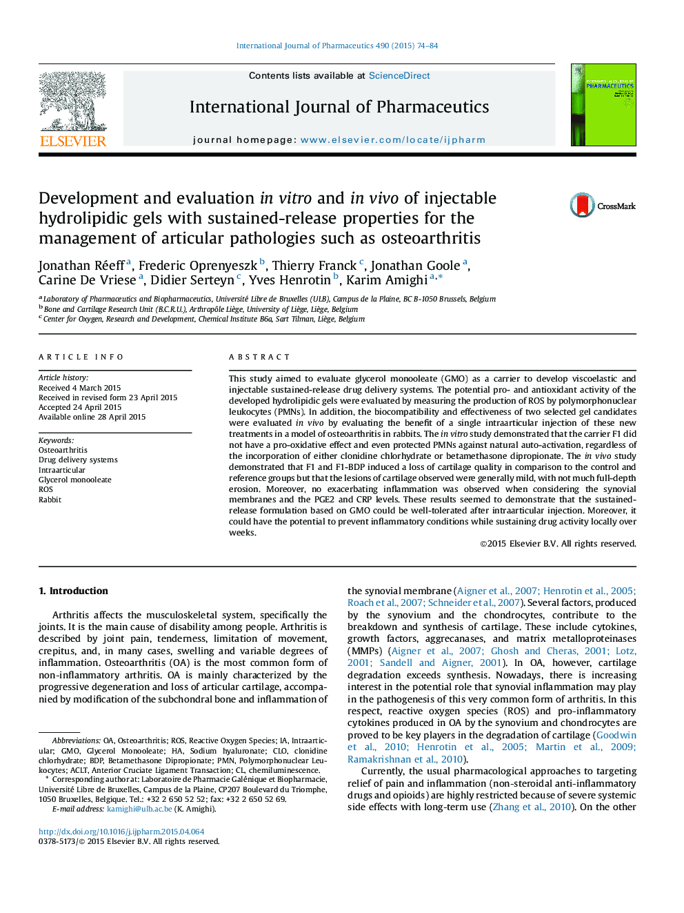 Development and evaluation in vitro and in vivo of injectable hydrolipidic gels with sustained-release properties for the management of articular pathologies such as osteoarthritis