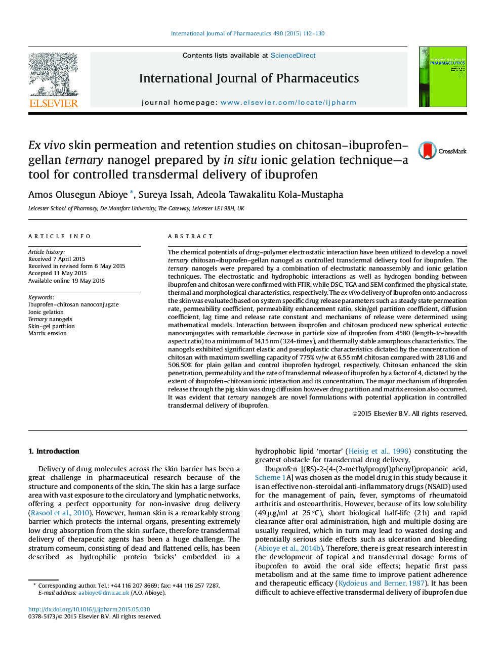 Ex vivo skin permeation and retention studies on chitosan–ibuprofen–gellan ternary nanogel prepared by in situ ionic gelation technique—a tool for controlled transdermal delivery of ibuprofen