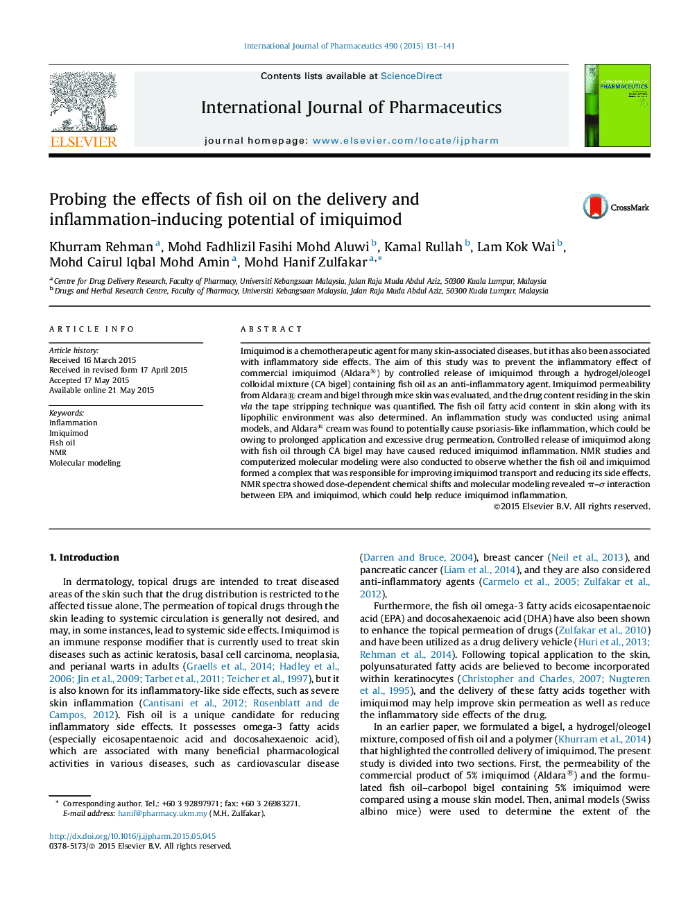 Probing the effects of fish oil on the delivery and inflammation-inducing potential of imiquimod