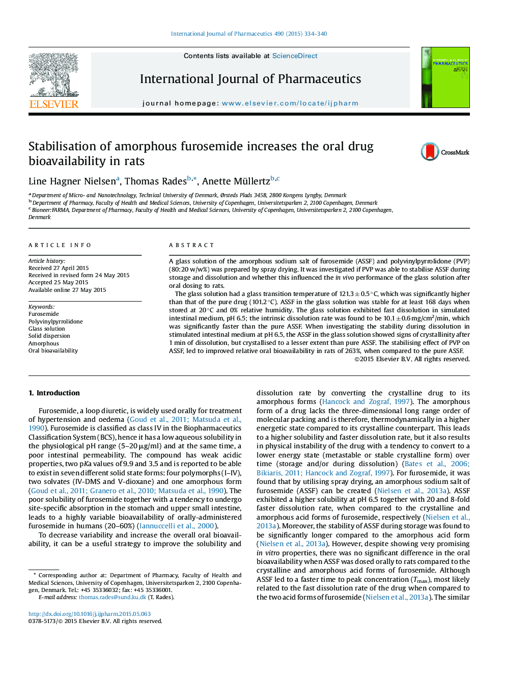 Stabilisation of amorphous furosemide increases the oral drug bioavailability in rats