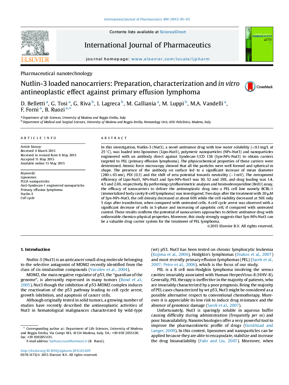 Nutlin-3 loaded nanocarriers: Preparation, characterization and in vitro antineoplastic effect against primary effusion lymphoma