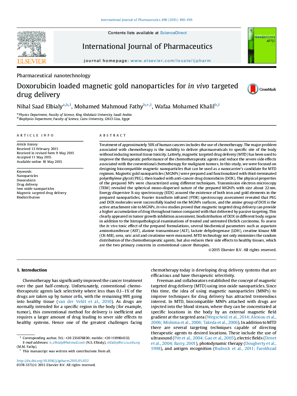 Doxorubicin loaded magnetic gold nanoparticles for in vivo targeted drug delivery