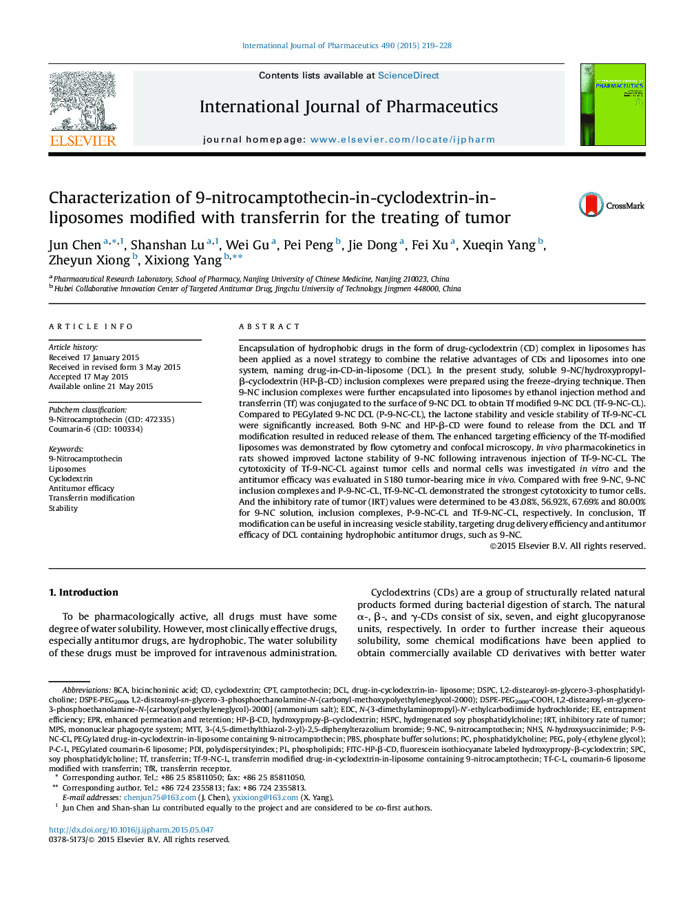 Characterization of 9-nitrocamptothecin-in-cyclodextrin-in-liposomes modified with transferrin for the treating of tumor