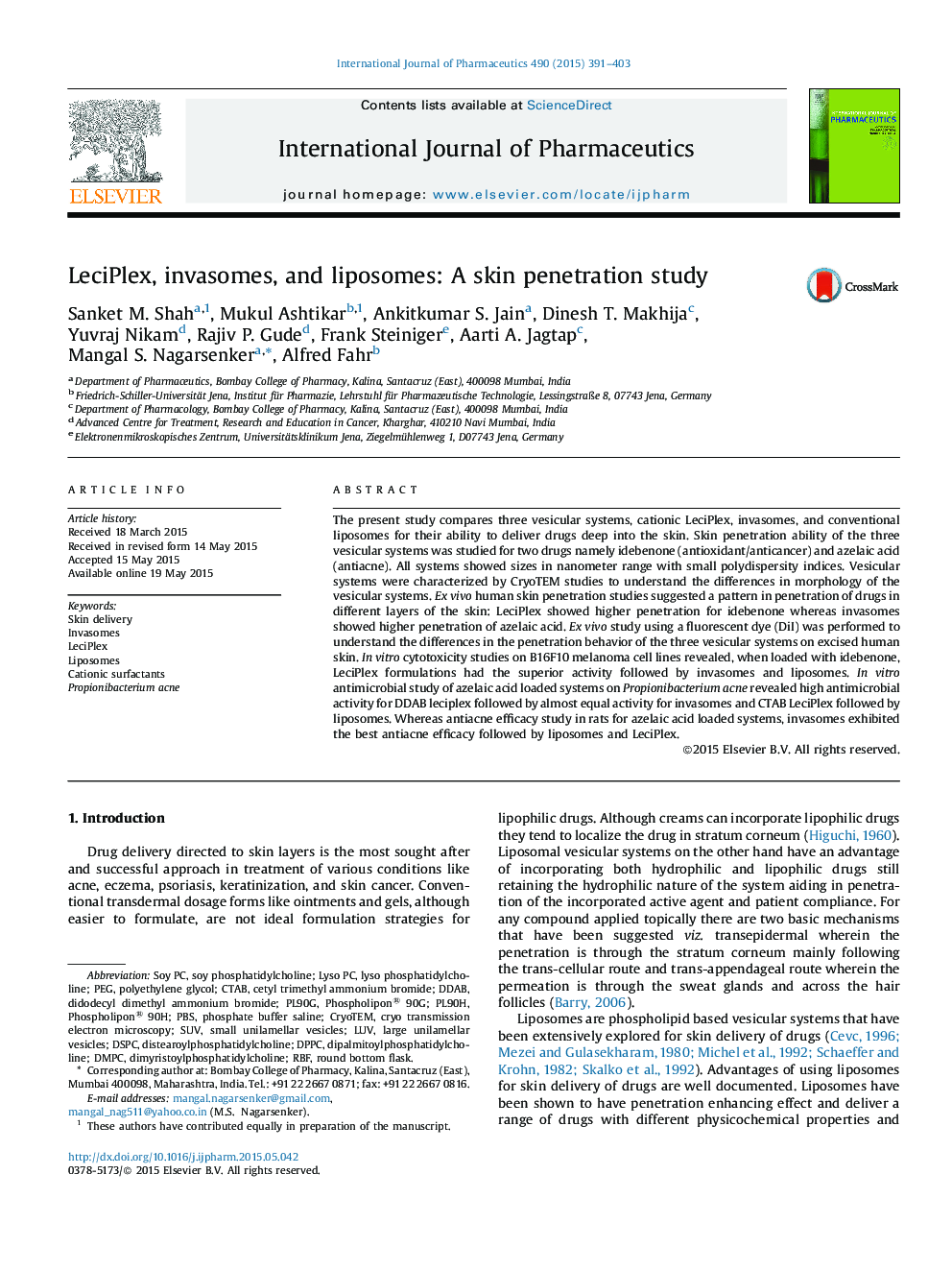 LeciPlex, invasomes, and liposomes: A skin penetration study