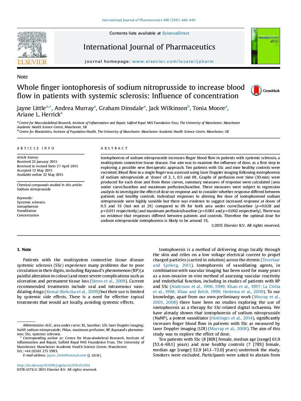 Whole finger iontophoresis of sodium nitroprusside to increase blood flow in patients with systemic sclerosis: Influence of concentration