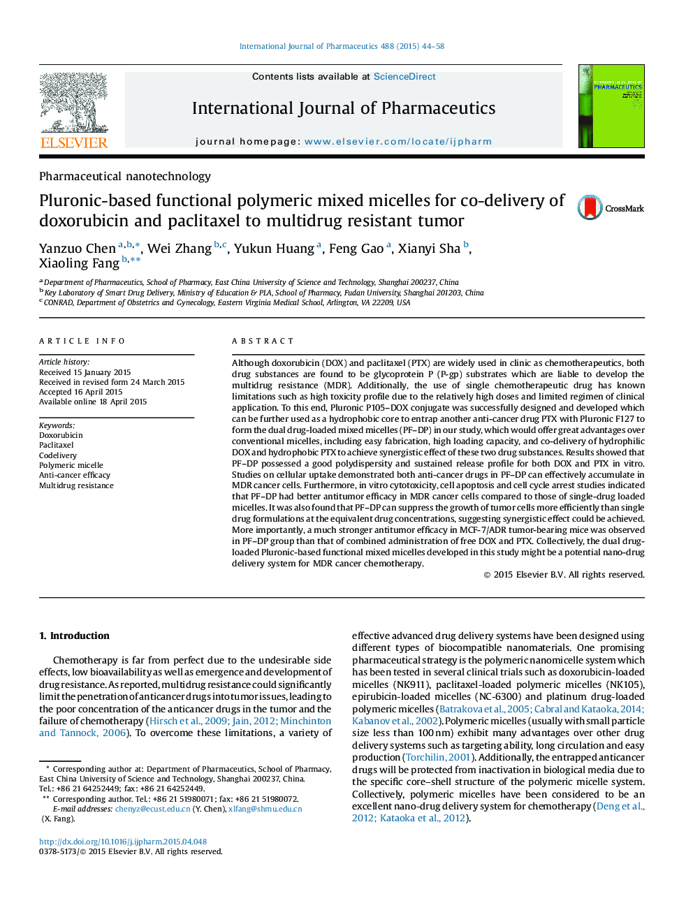 Pluronic-based functional polymeric mixed micelles for co-delivery of doxorubicin and paclitaxel to multidrug resistant tumor