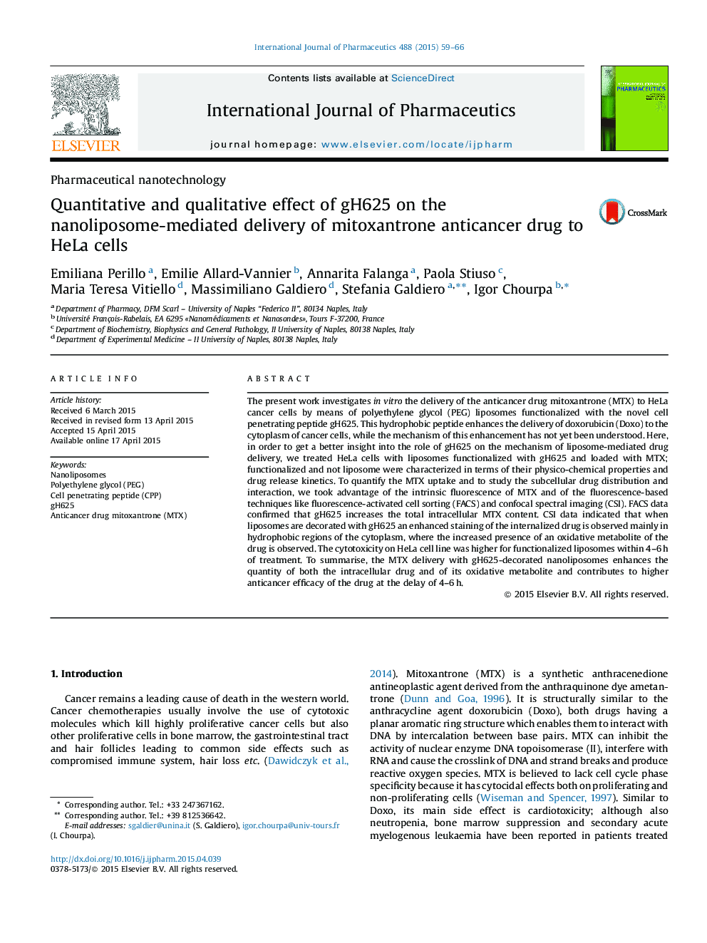 Quantitative and qualitative effect of gH625 on the nanoliposome-mediated delivery of mitoxantrone anticancer drug to HeLa cells