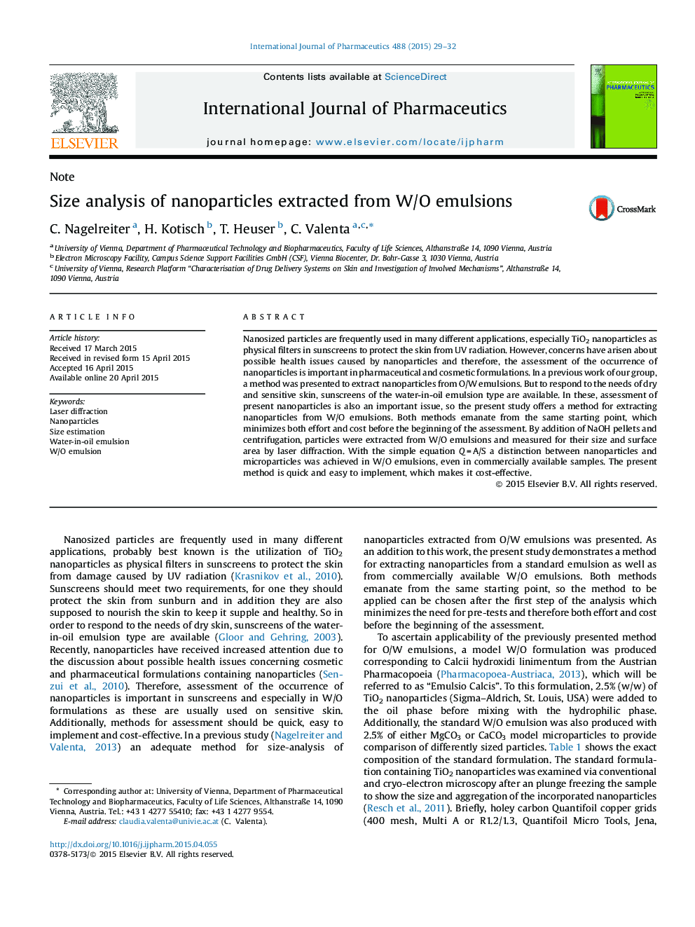 Size analysis of nanoparticles extracted from W/O emulsions