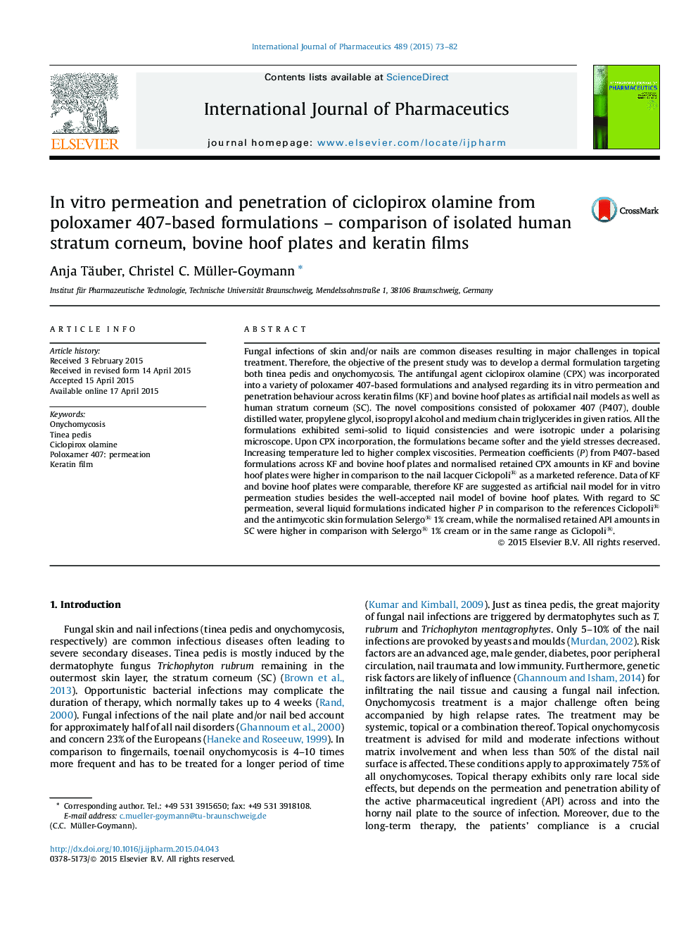 In vitro permeation and penetration of ciclopirox olamine from poloxamer 407-based formulations – comparison of isolated human stratum corneum, bovine hoof plates and keratin films