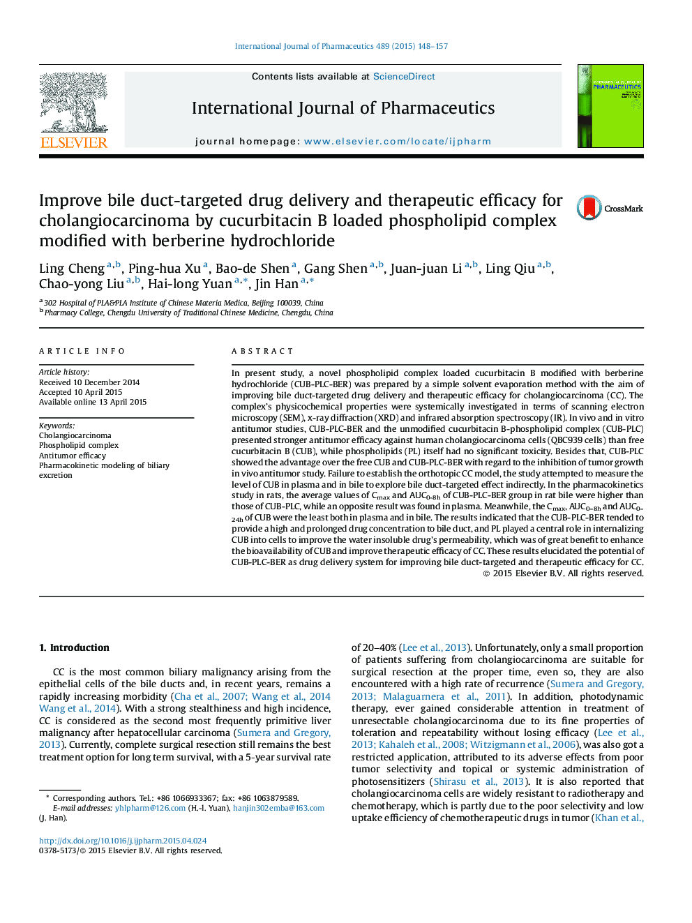 Improve bile duct-targeted drug delivery and therapeutic efficacy for cholangiocarcinoma by cucurbitacin B loaded phospholipid complex modified with berberine hydrochloride