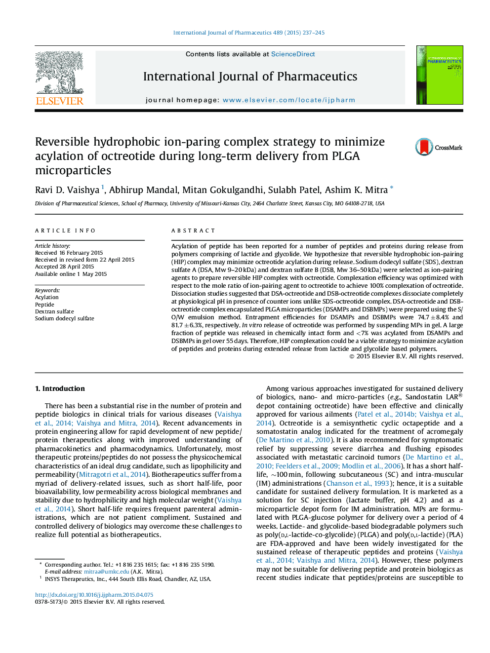 Reversible hydrophobic ion-paring complex strategy to minimize acylation of octreotide during long-term delivery from PLGA microparticles