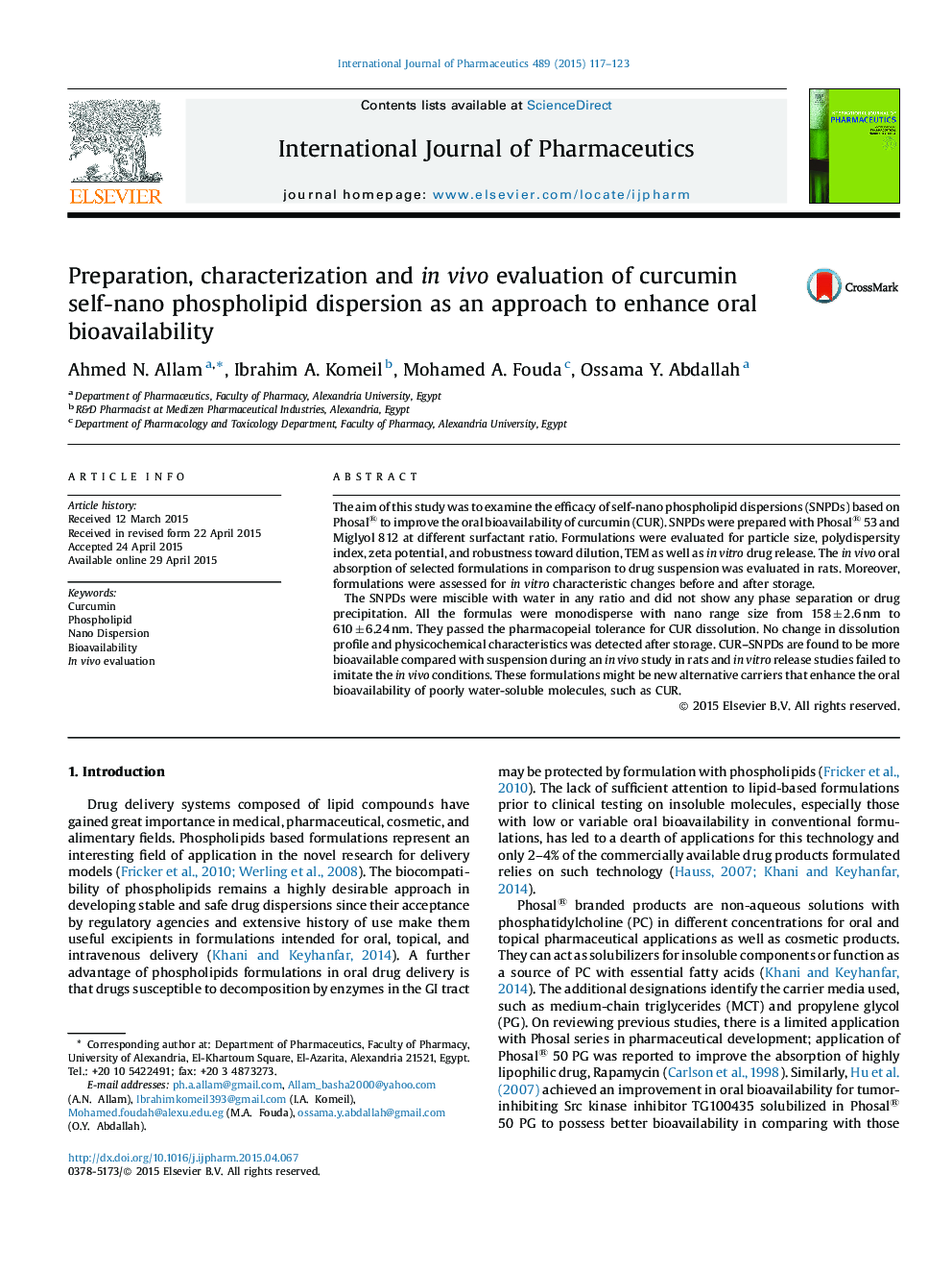 Preparation, characterization and in vivo evaluation of curcumin self-nano phospholipid dispersion as an approach to enhance oral bioavailability