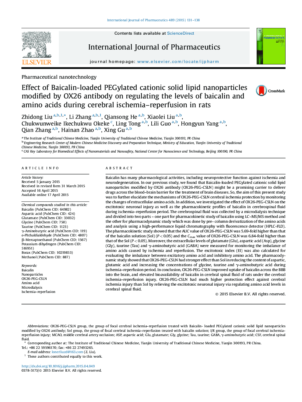 Effect of Baicalin-loaded PEGylated cationic solid lipid nanoparticles modified by OX26 antibody on regulating the levels of baicalin and amino acids during cerebral ischemia–reperfusion in rats