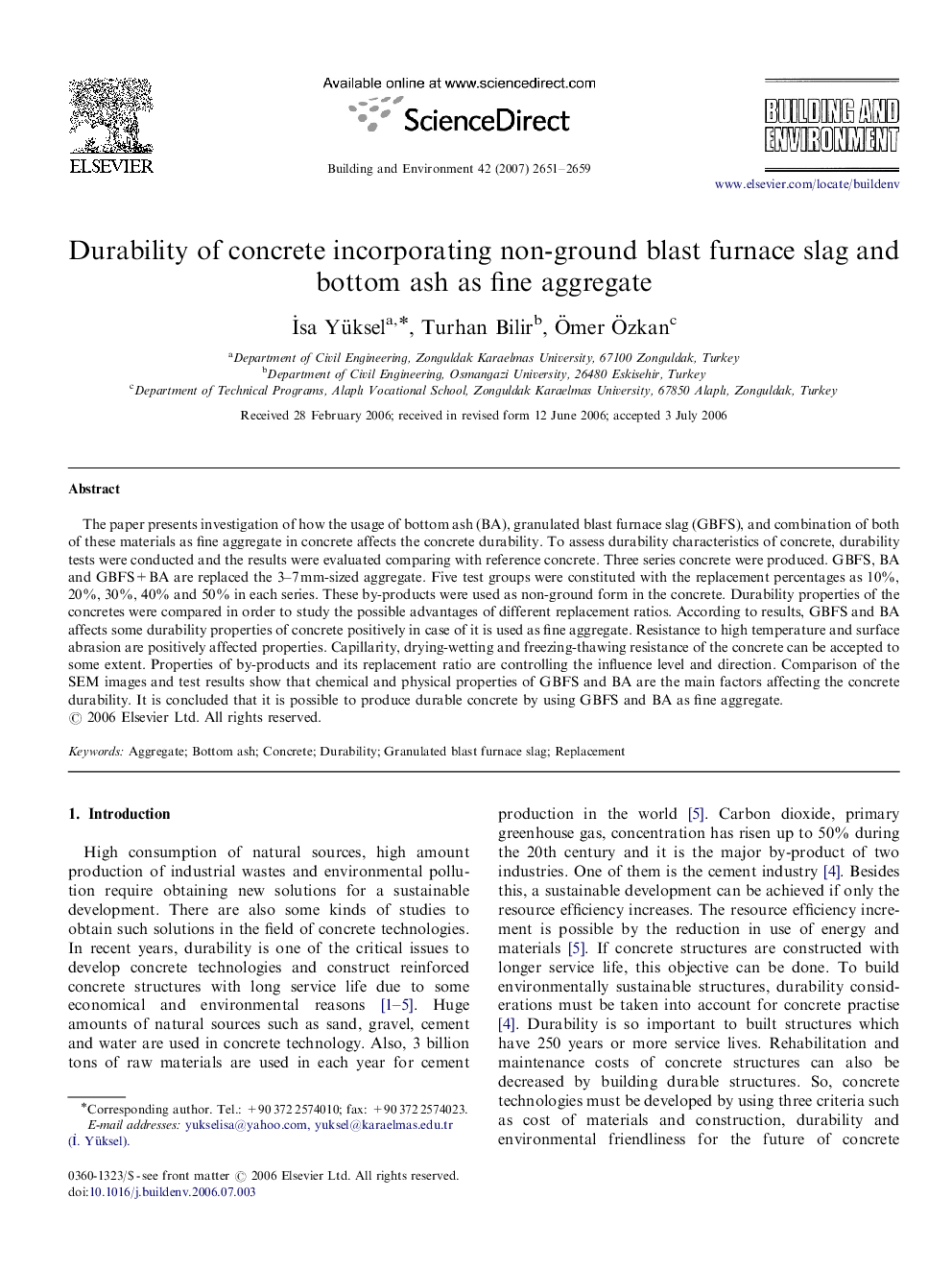 Durability of concrete incorporating non-ground blast furnace slag and bottom ash as fine aggregate