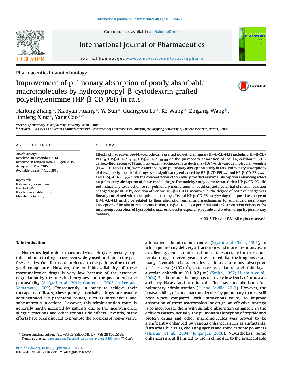Improvement of pulmonary absorption of poorly absorbable macromolecules by hydroxypropyl-β-cyclodextrin grafted polyethylenimine (HP-β-CD-PEI) in rats