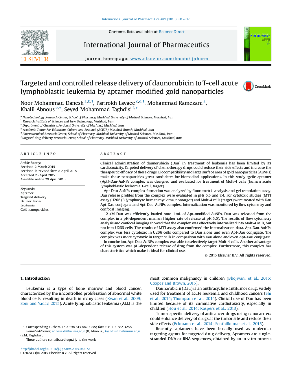 Targeted and controlled release delivery of daunorubicin to T-cell acute lymphoblastic leukemia by aptamer-modified gold nanoparticles