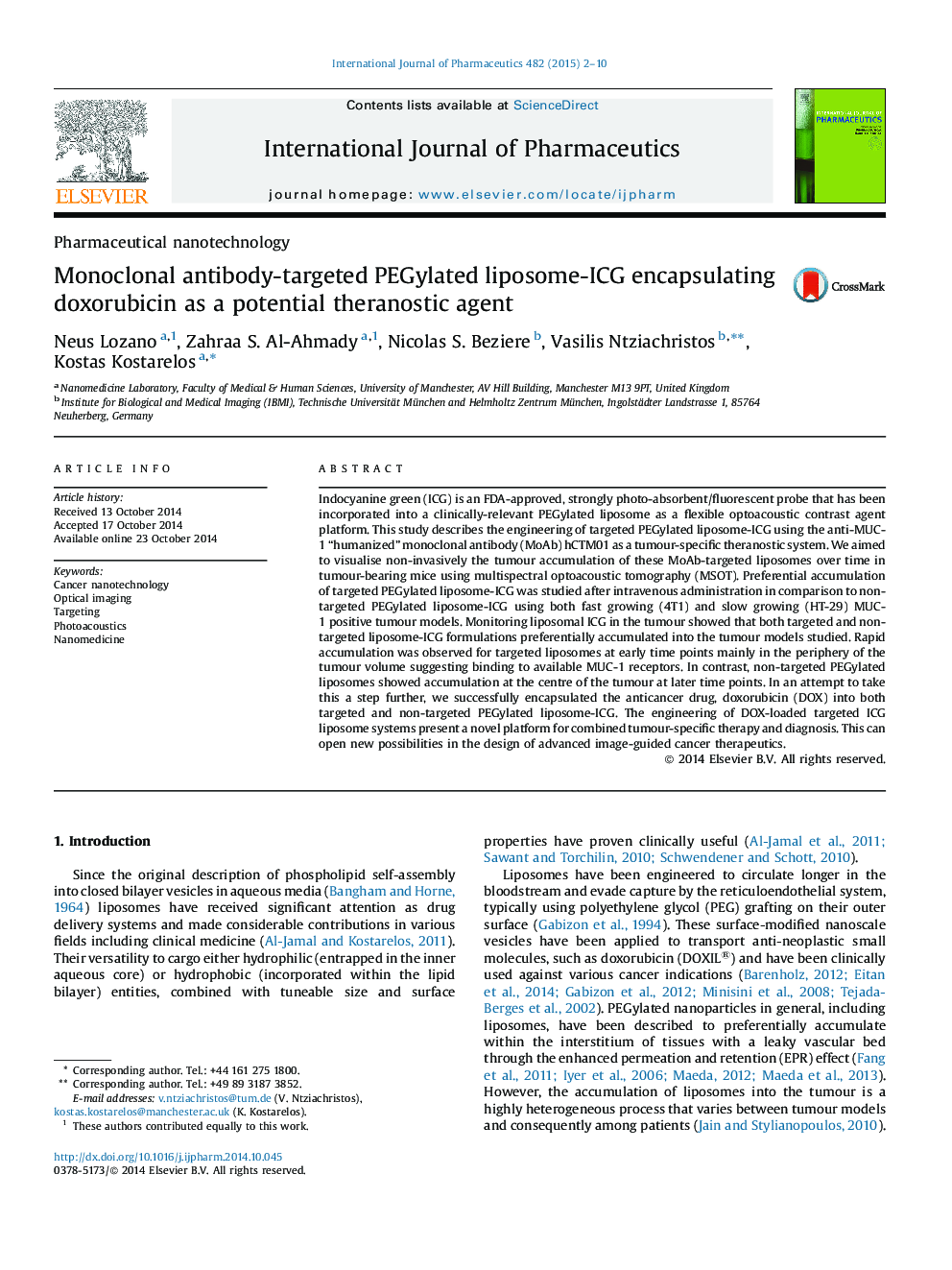 Monoclonal antibody-targeted PEGylated liposome-ICG encapsulating doxorubicin as a potential theranostic agent