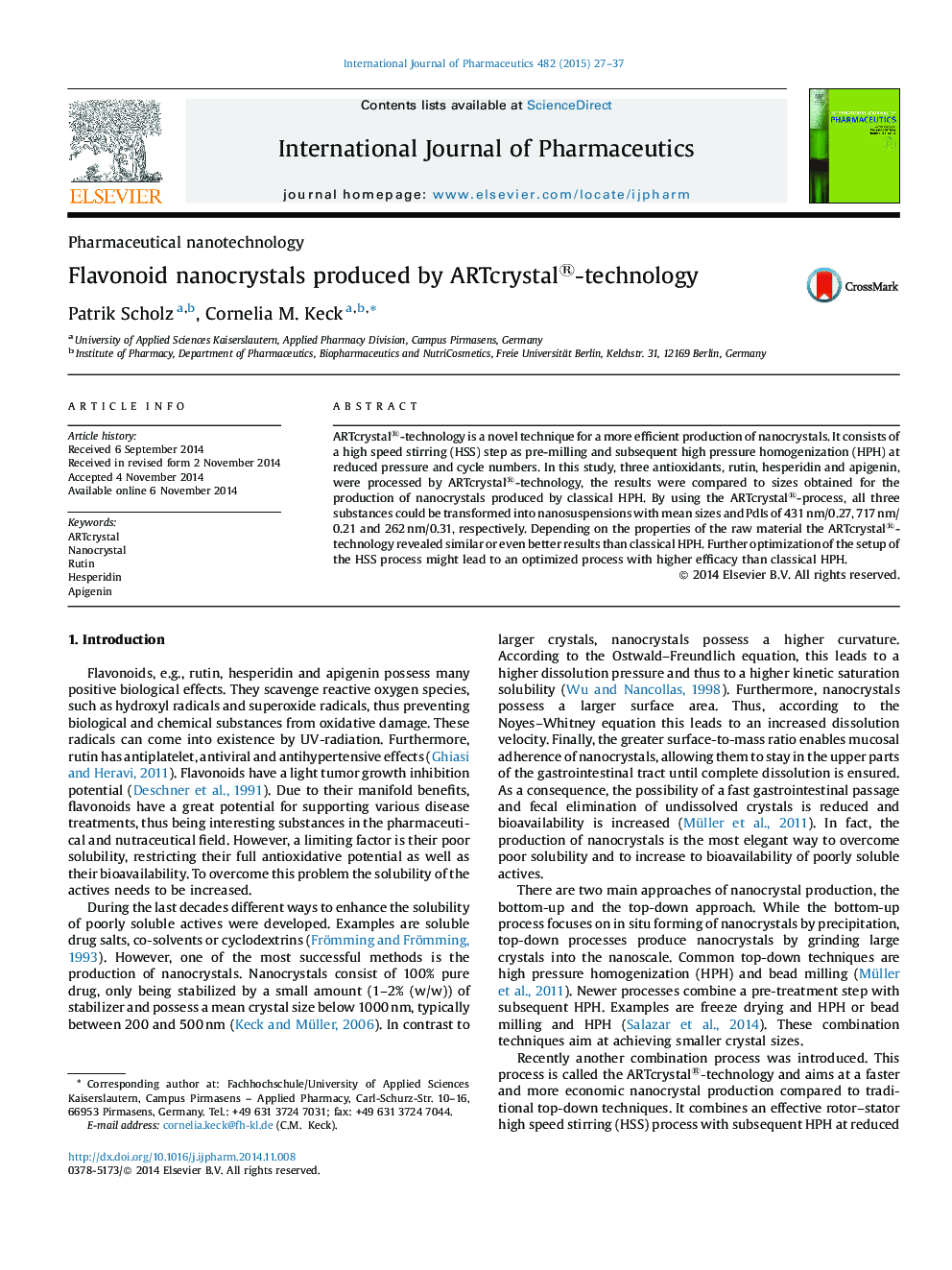 Flavonoid nanocrystals produced by ARTcrystal®-technology