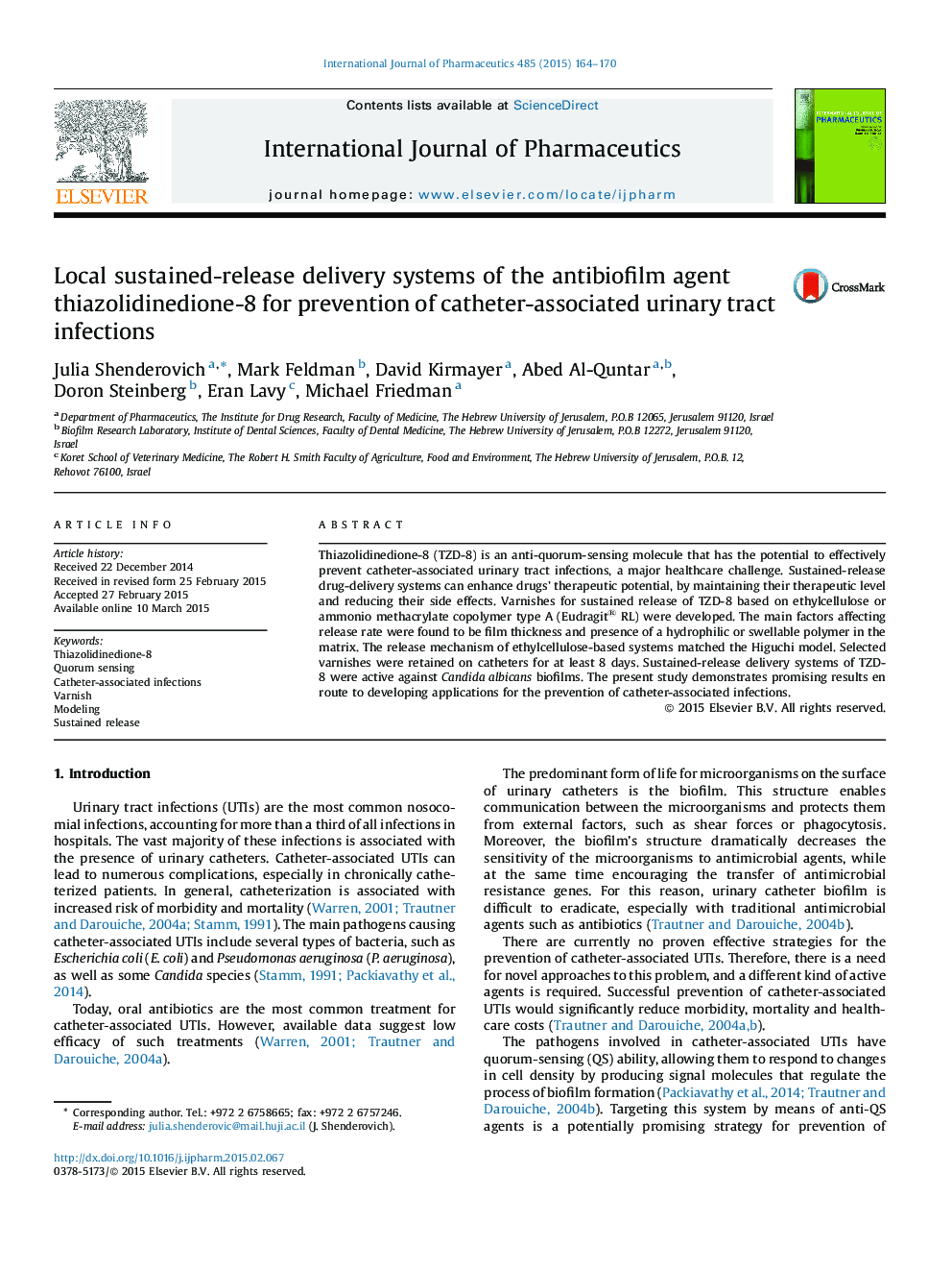Local sustained-release delivery systems of the antibiofilm agent thiazolidinedione-8 for prevention of catheter-associated urinary tract infections