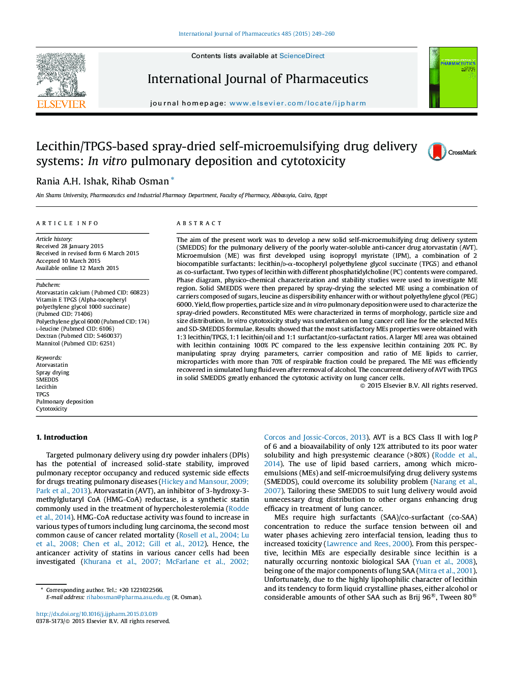 Lecithin/TPGS-based spray-dried self-microemulsifying drug delivery systems: In vitro pulmonary deposition and cytotoxicity