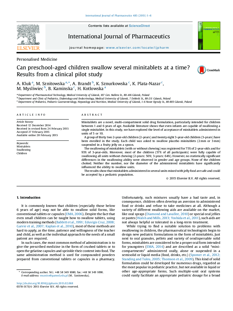 Can preschool-aged children swallow several minitablets at a time? Results from a clinical pilot study