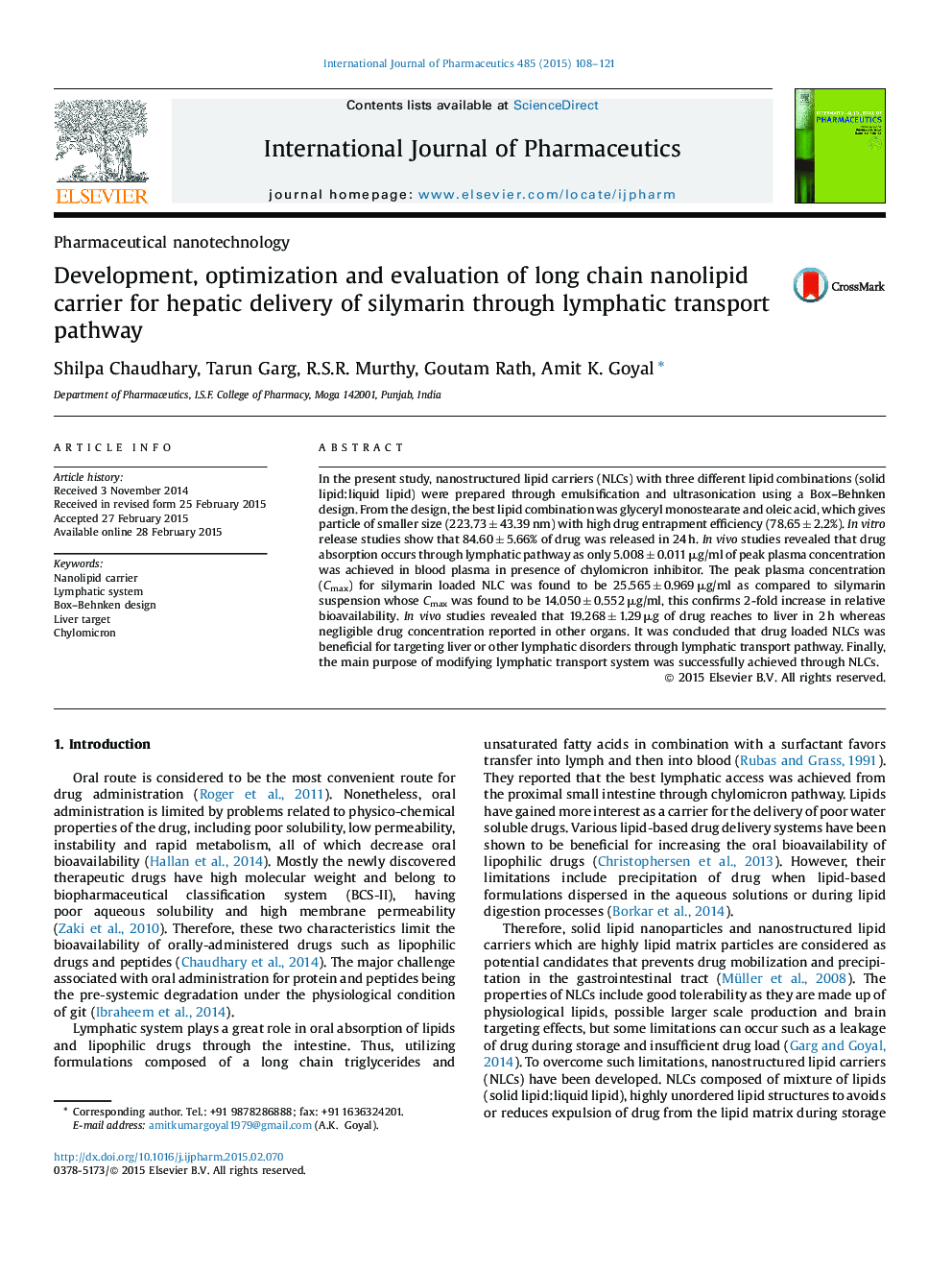 Development, optimization and evaluation of long chain nanolipid carrier for hepatic delivery of silymarin through lymphatic transport pathway