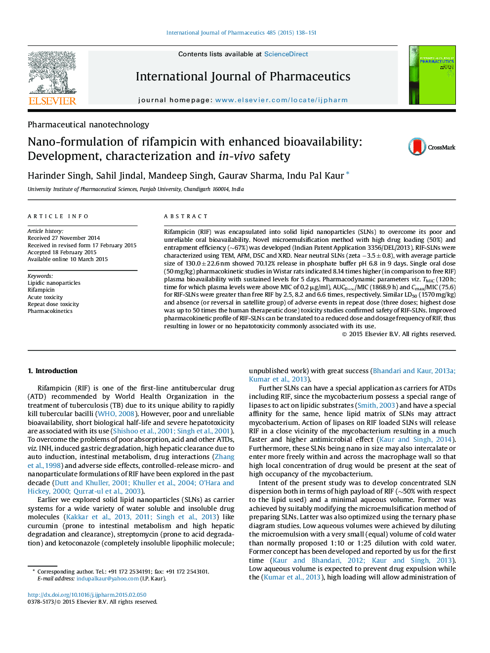 Nano-formulation of rifampicin with enhanced bioavailability: Development, characterization and in-vivo safety