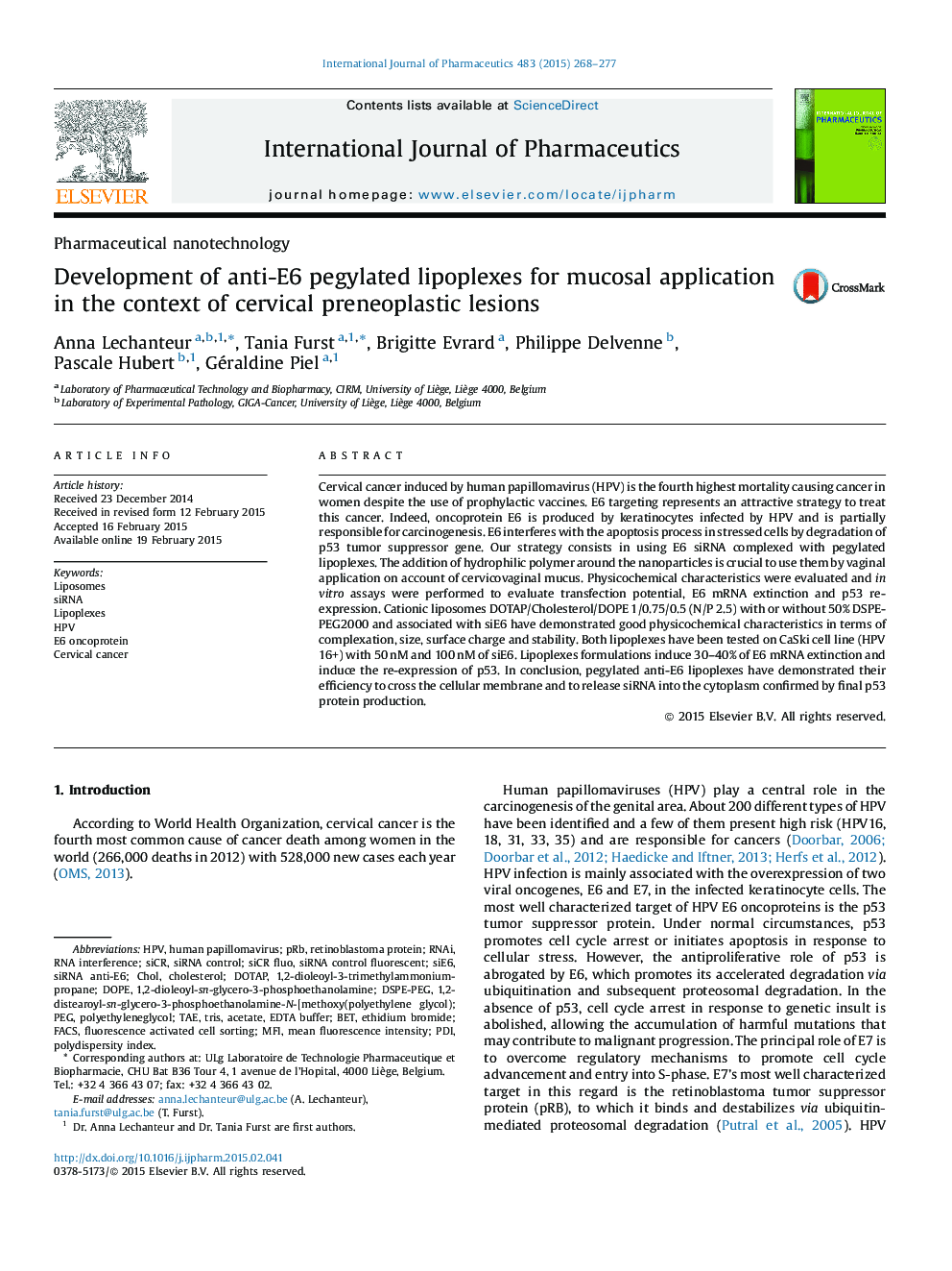 Development of anti-E6 pegylated lipoplexes for mucosal application in the context of cervical preneoplastic lesions