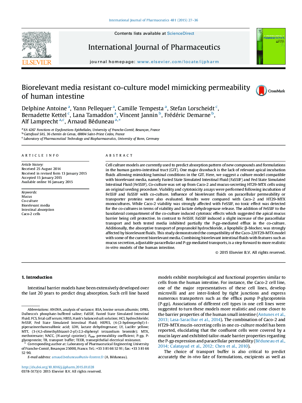 Biorelevant media resistant co-culture model mimicking permeability of human intestine