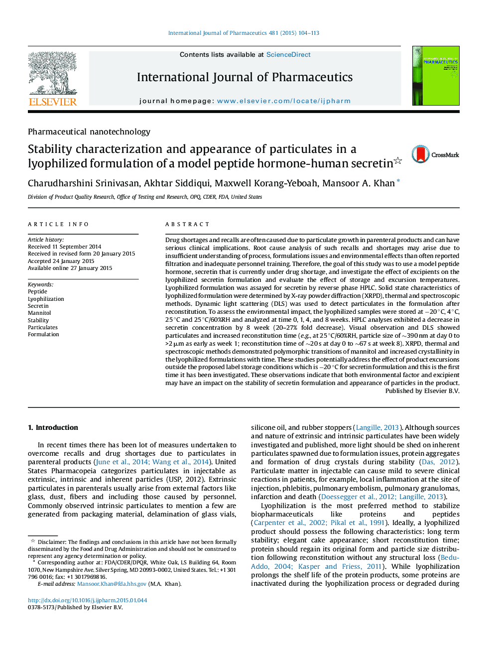 Stability characterization and appearance of particulates in a lyophilized formulation of a model peptide hormone-human secretin 