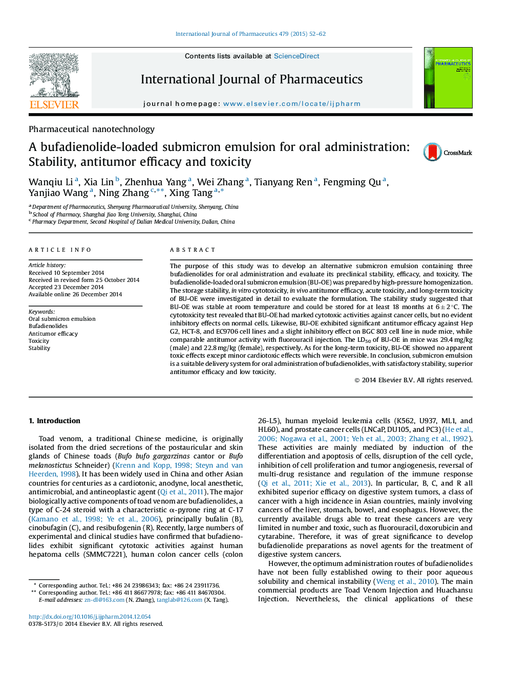 A bufadienolide-loaded submicron emulsion for oral administration: Stability, antitumor efficacy and toxicity