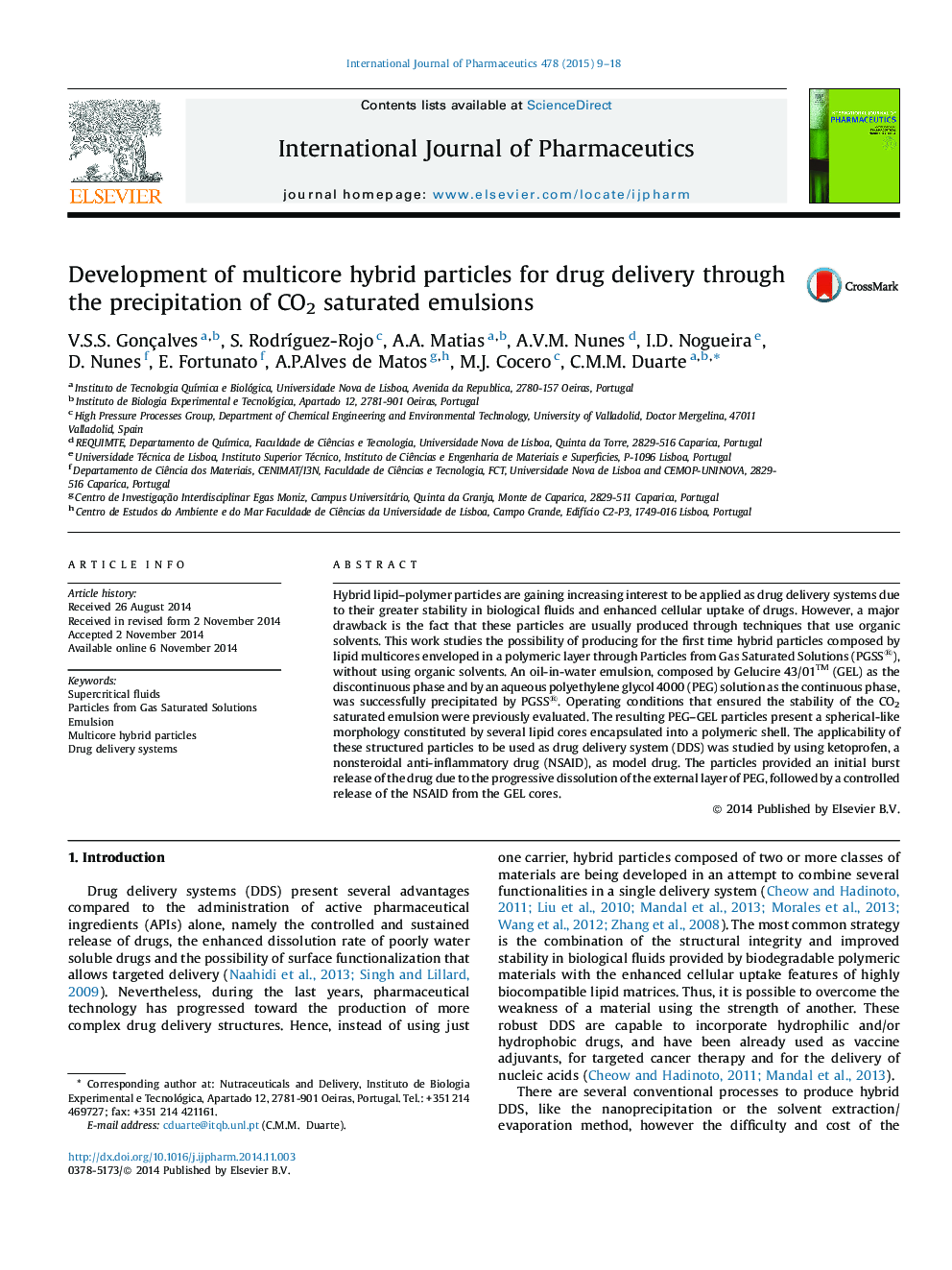 Development of multicore hybrid particles for drug delivery through the precipitation of CO2 saturated emulsions