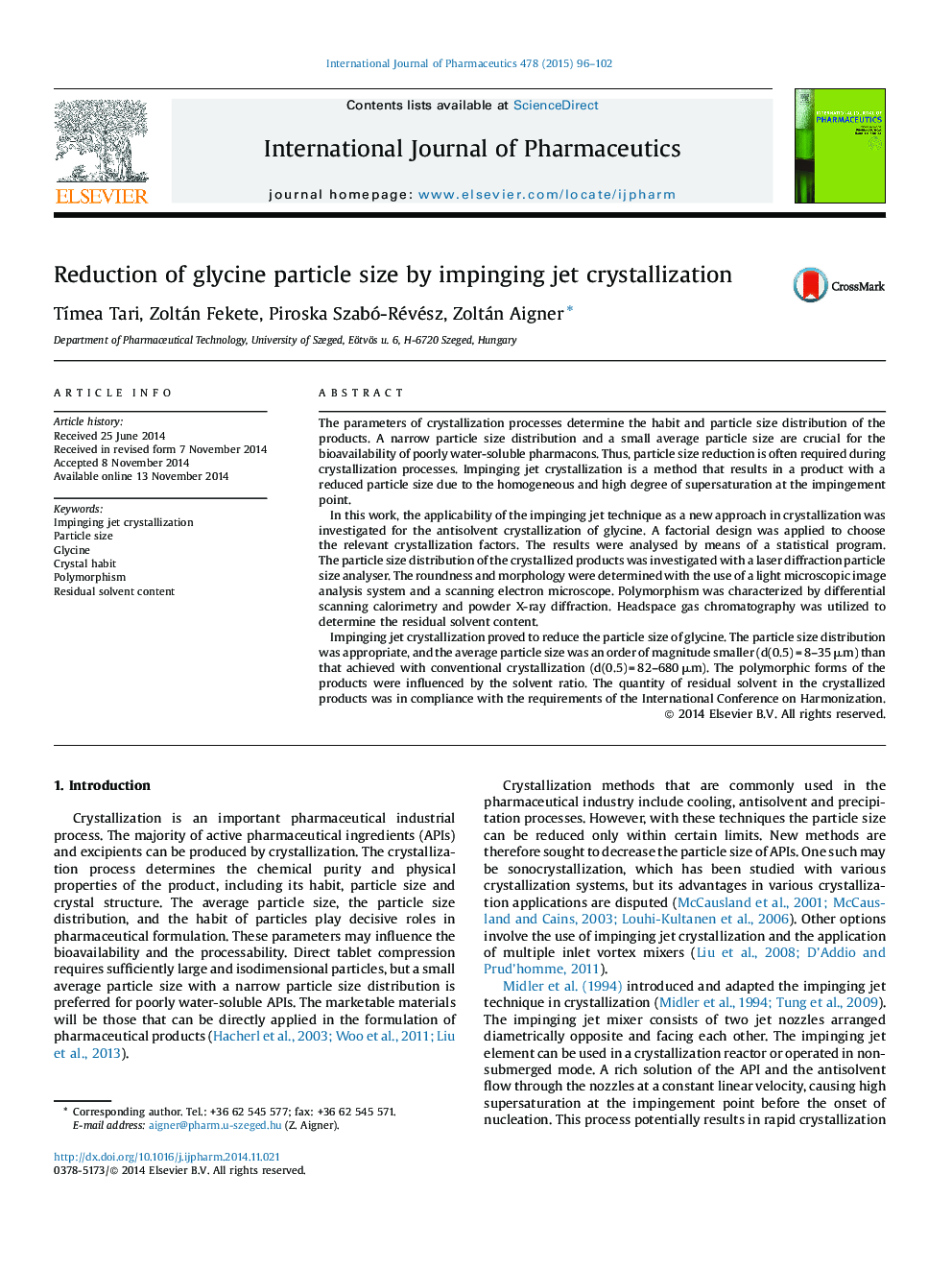 Reduction of glycine particle size by impinging jet crystallization