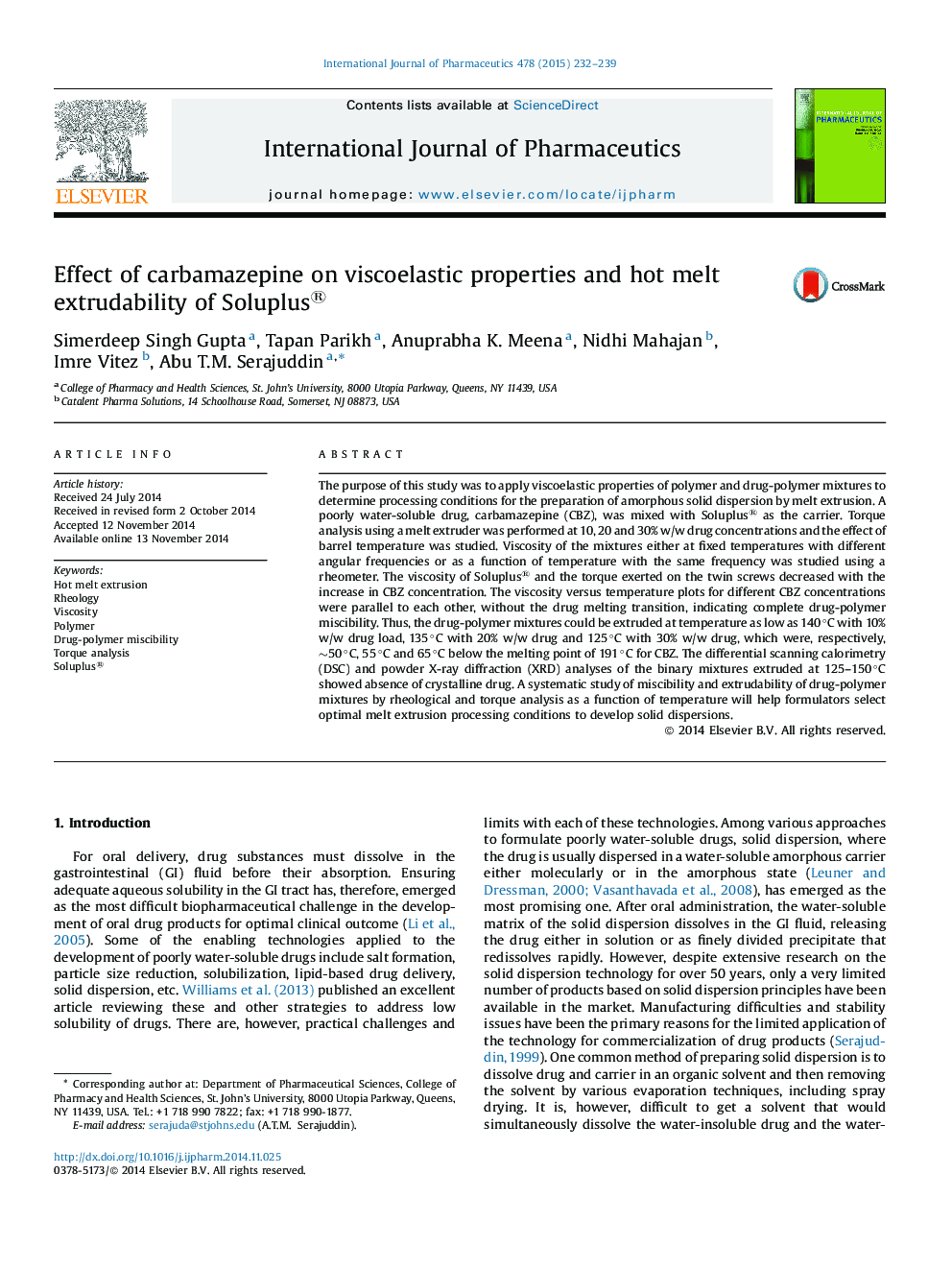 Effect of carbamazepine on viscoelastic properties and hot melt extrudability of Soluplus®